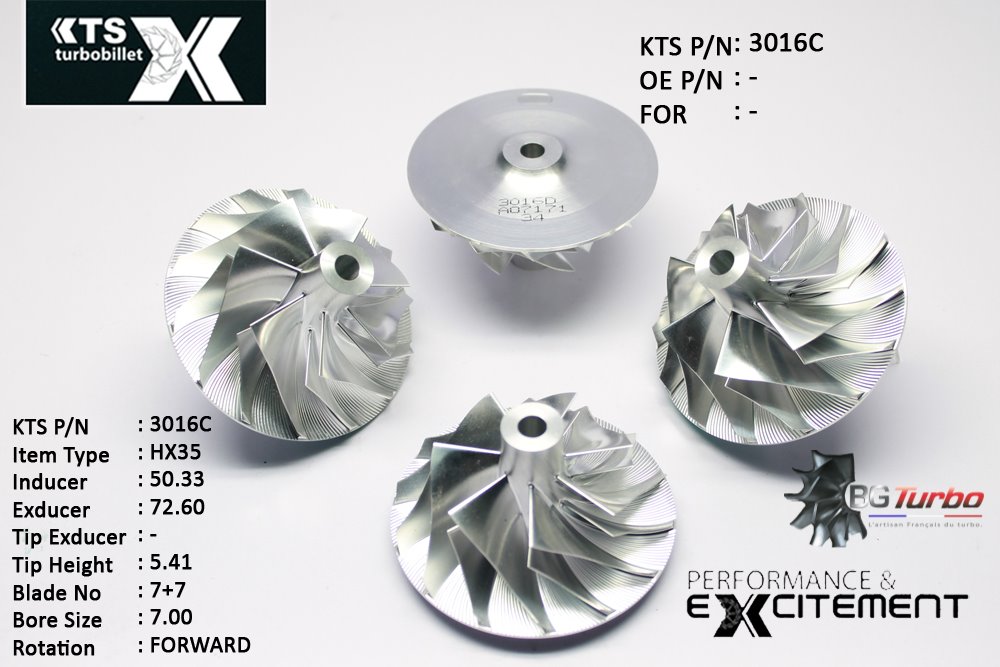 Turbo ROUE FORGÉE MFS PERFORMANCE - 7+7 PALES - INDUCER : 50,33 - EXDUCER : 72,6 - TYPE : HX35ANGLE : 45° - ROTATION : Forward - SUPER BACK : 4,95 - BORE SIZE : 7
